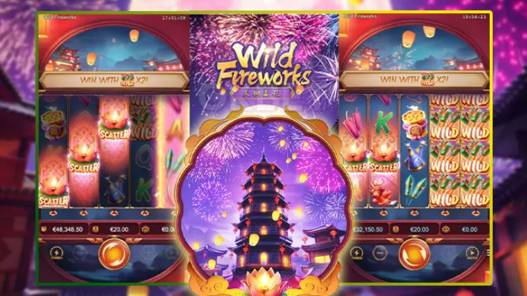 "Wild Fireworks Slot by PG Soft featuring vibrant symbols and a festive atmosphere with colorful fireworks lighting up the sky."