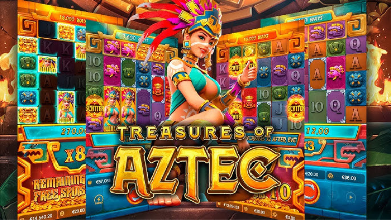 "Reels of Treasures of Aztec slot by PG Soft featuring colorful Aztec symbols, gold treasures, and mysterious gods."