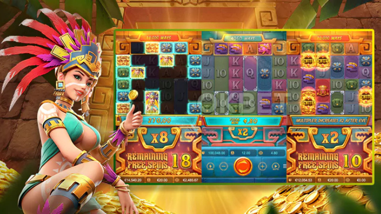 "Reels of Treasures of Aztec slot by PG Soft with colorful Aztec symbols like gold, jewels, and gods."

